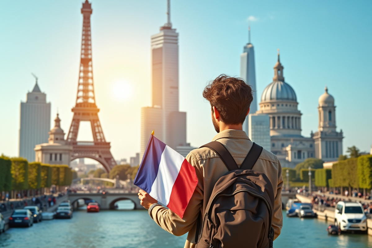 Monuments francophones avec personnes tenant un livre ou drapeau français en extérieur