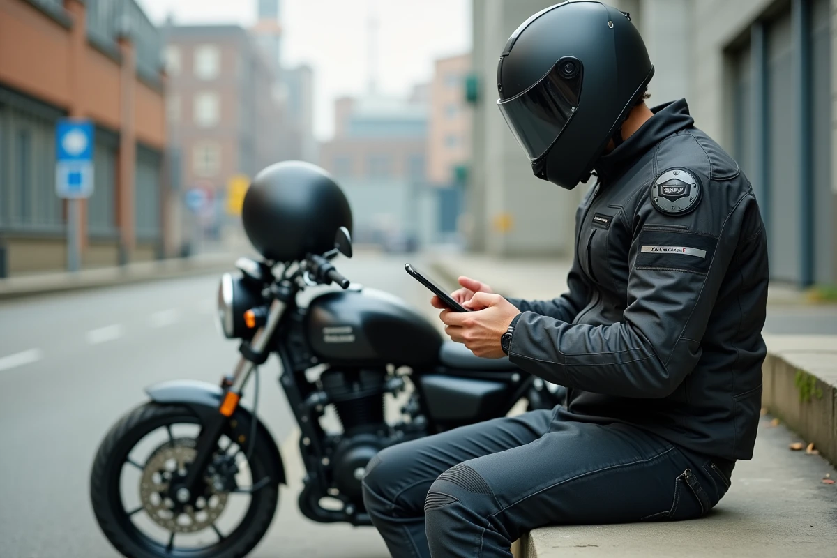 Motard en équipement consultant une application de code de la route moto sur smartphone devant son moto