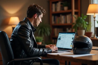 Jeune motard révisant le code de la route moto en ligne sur un ordinateur portable à son bureau
