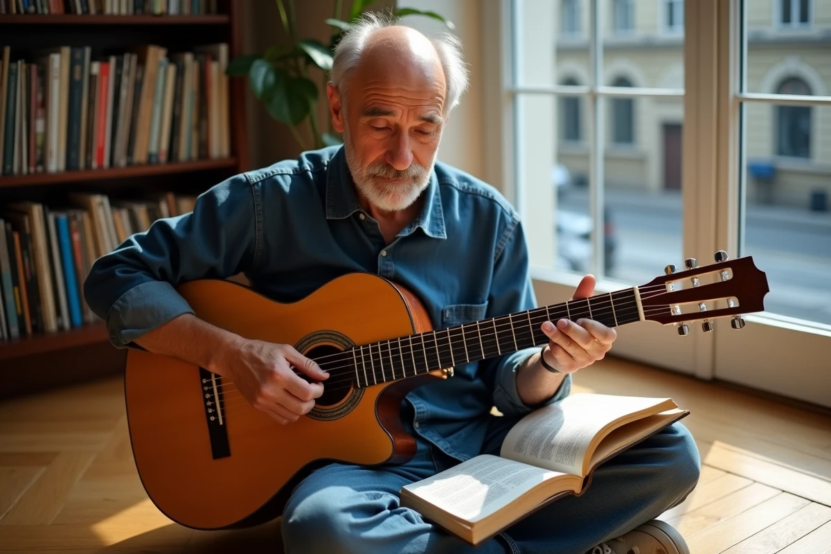 Musicien adulte apprenant l'accord Gm sur guitare classique assis sur un parquet dans un salon lumineux