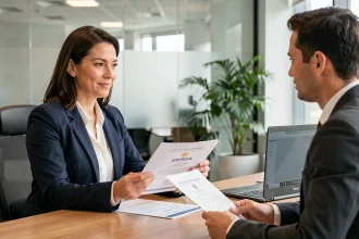 Femme cadre négociant son salaire en entretien d'embauche en présentant son diplôme et son titre professionnel à un recruteur dans un bureau moderne