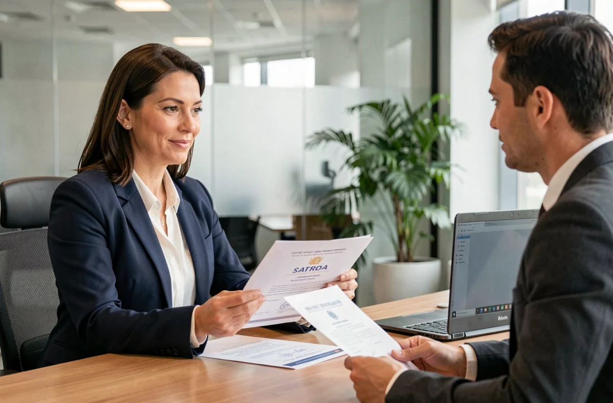 Femme cadre négociant son salaire en entretien d'embauche en présentant son diplôme et son titre professionnel à un recruteur dans un bureau moderne