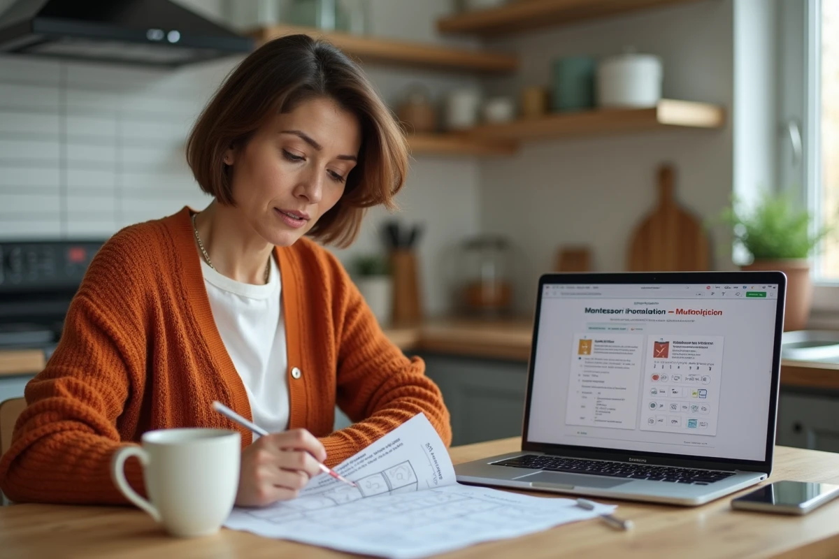 Mère préparant l'introduction de la table de multiplication Montessori en consultant un guide imprimé et un site de formations en ligne