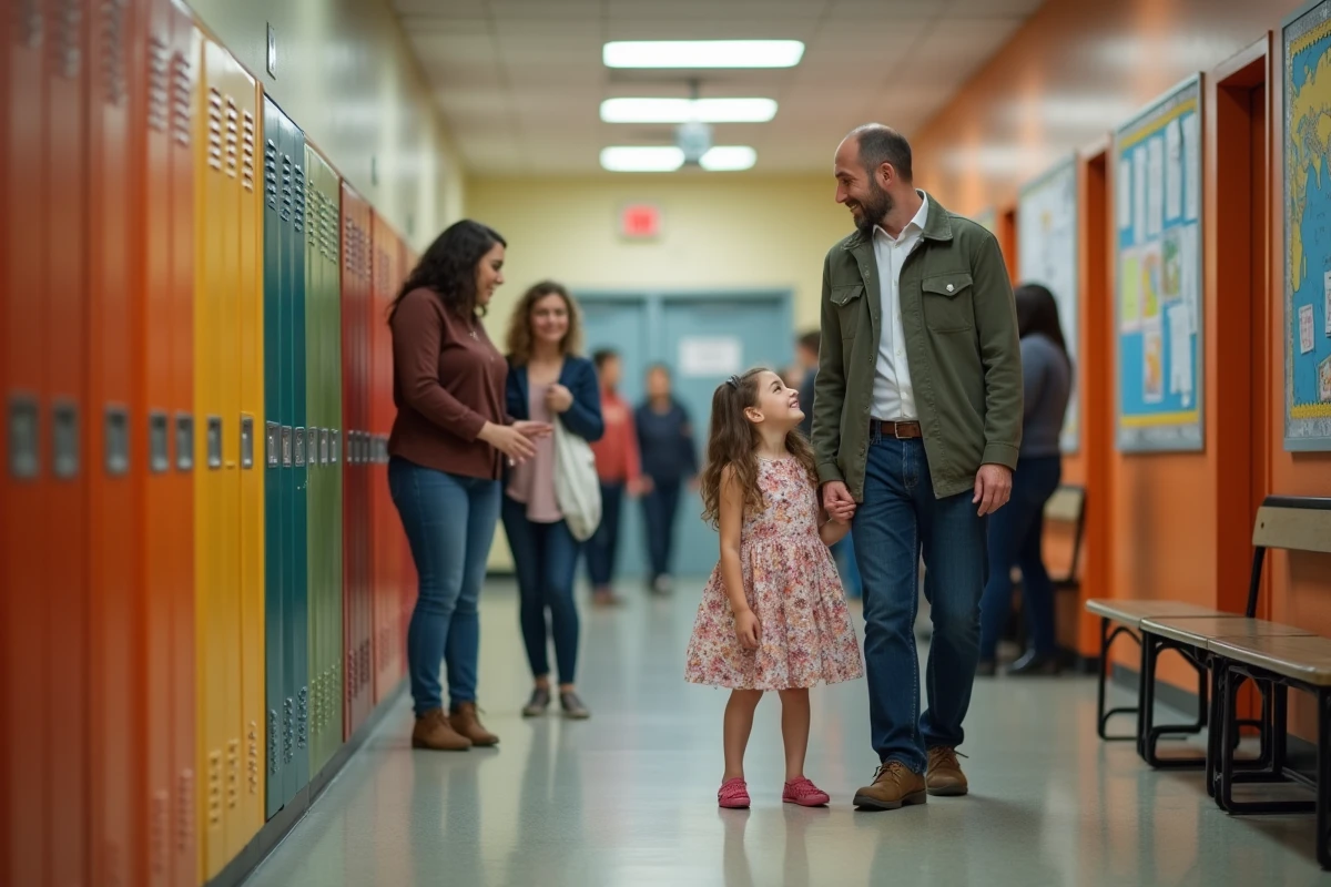 Parents et enfant dans un couloir d &eacute;cole accueillant