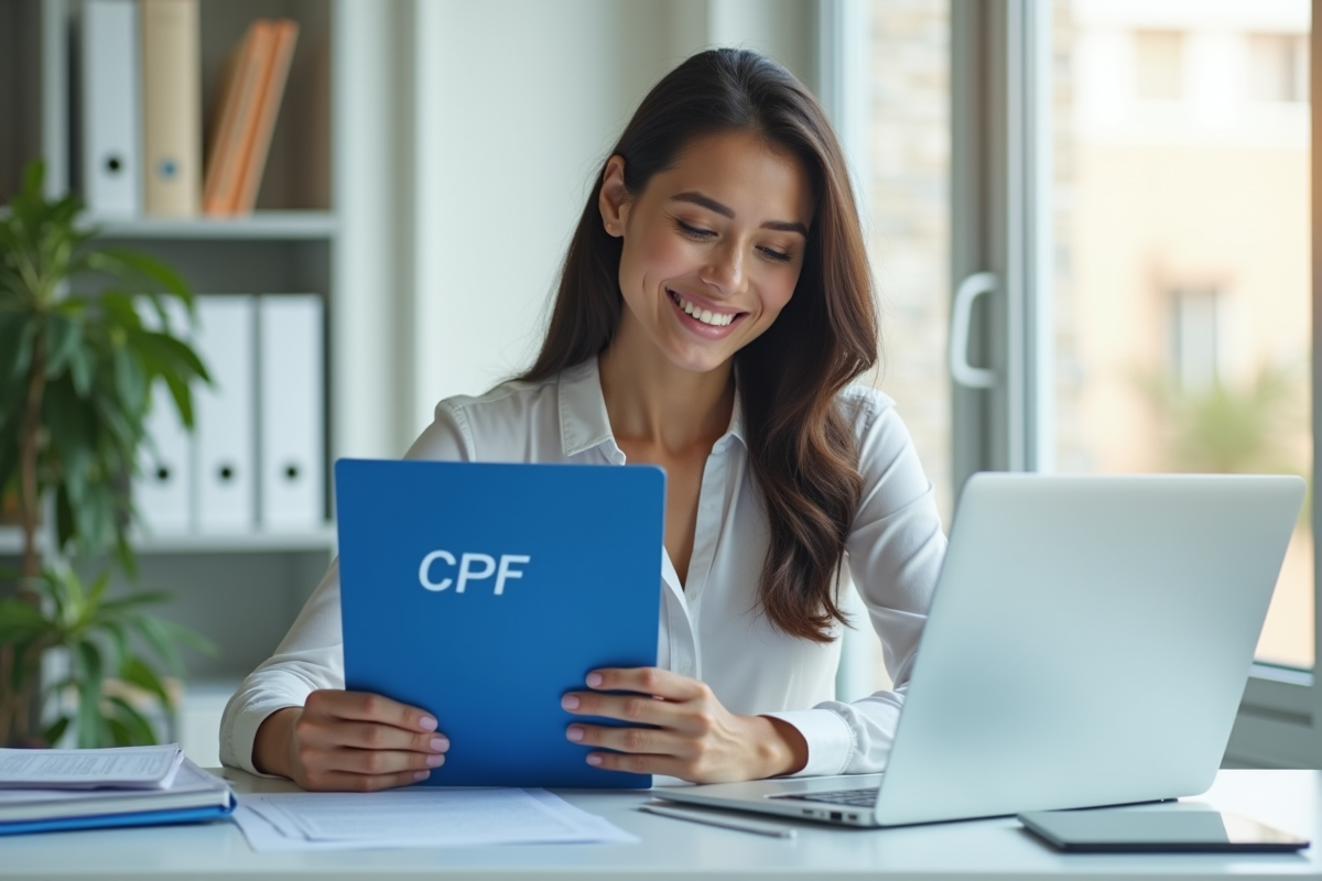 Personne souriante tenant un dossier CPF bleu dans un bureau lumineux