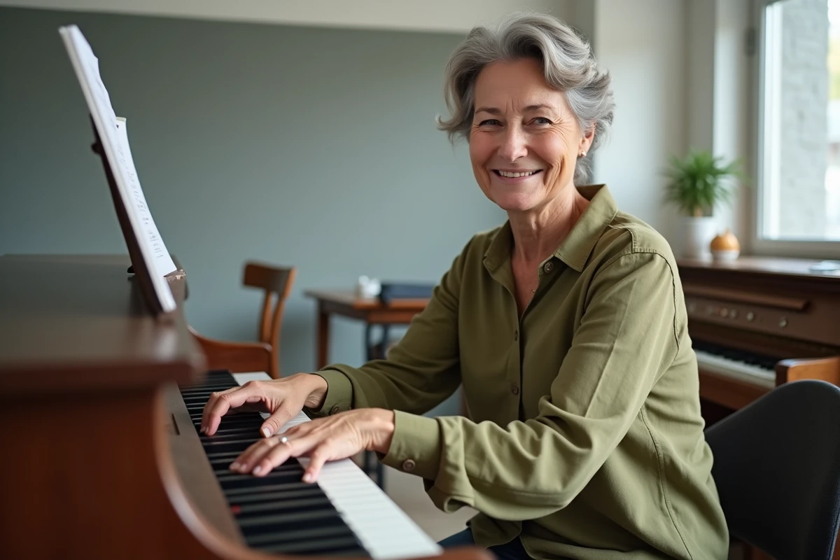 Femme aux petites mains étirant ses doigts sur un clavier de piano dans une salle de pratique musicale