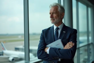 Pilote homme en uniforme Air France en formation