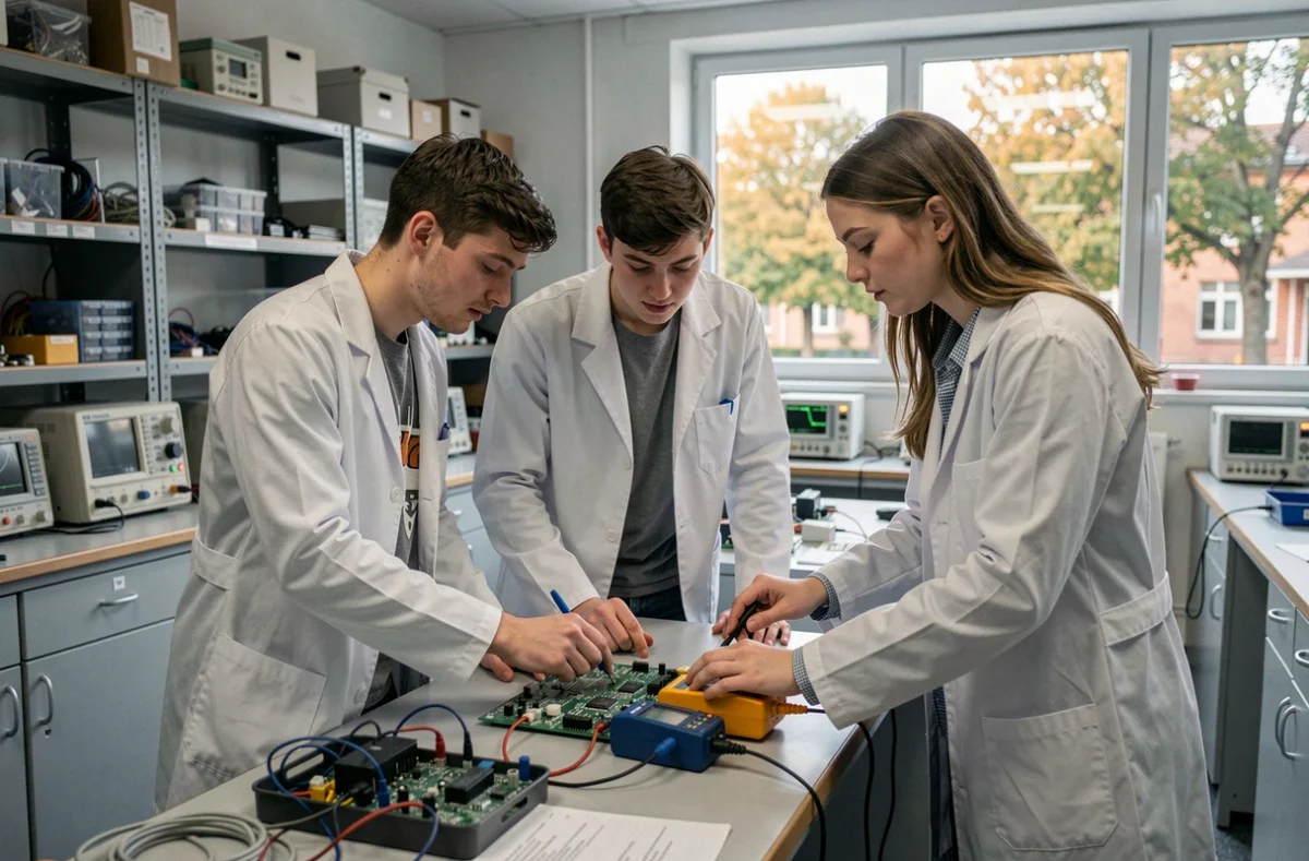 Étudiants en génie informatique analysant une carte électronique dans le laboratoire de Polytech Dijon