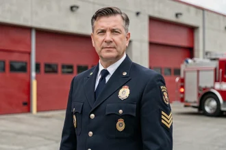 Pompier en uniforme réglementaire avec galons de grade visible devant une caserne de pompiers