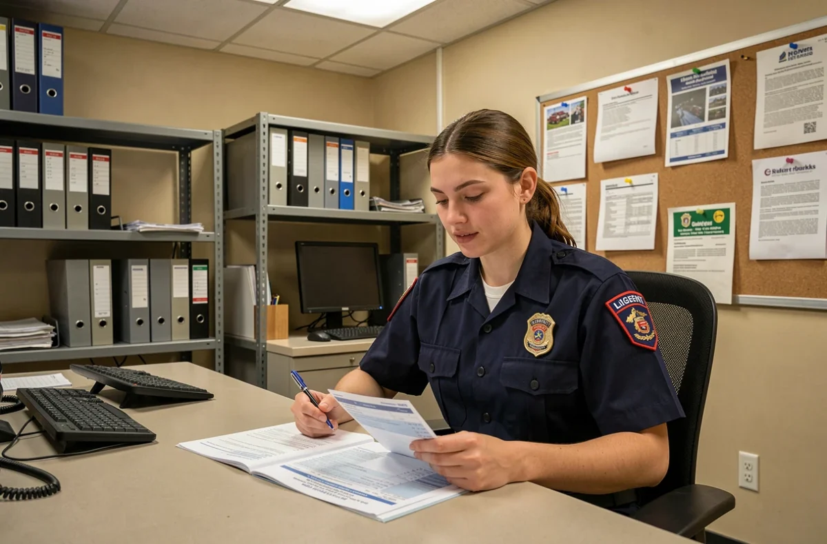 Pompière lieutenant consultant une fiche de paie dans un bureau administratif de caserne
