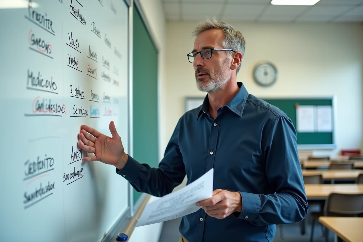 Professeur de français expliquant les classes grammaticales au tableau blanc dans une salle de classe