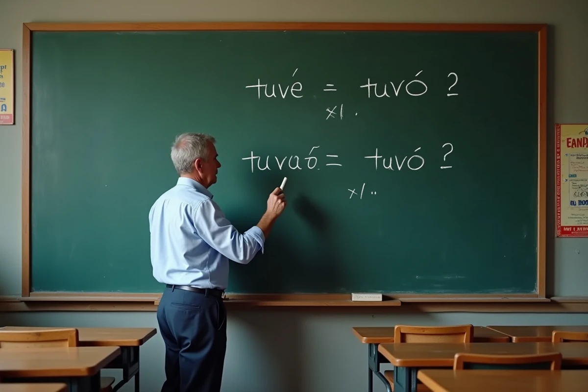 Enseignant devant un tableau noir présentant la conjugaison du verbe tener au passé simple espagnol en classe