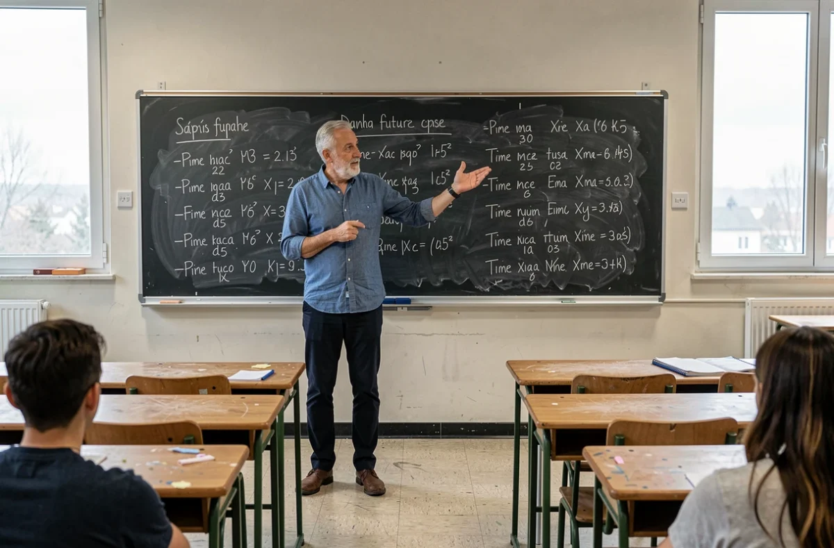 Professeur d'espagnol devant un tableau noir avec des conjugaisons du futur et des marqueurs de temps en espagnol