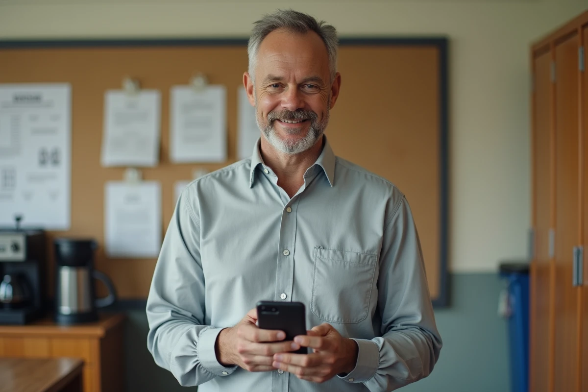 Enseignant consultant iProf sur smartphone dans la salle des professeurs d'un établissement scolaire