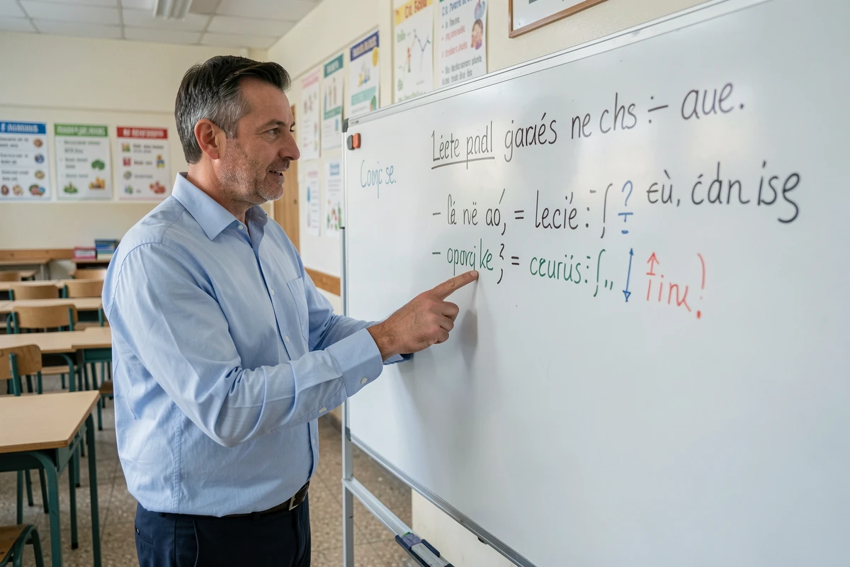 Enseignant expliquant des règles de ponctuation au tableau blanc dans une salle de classe française