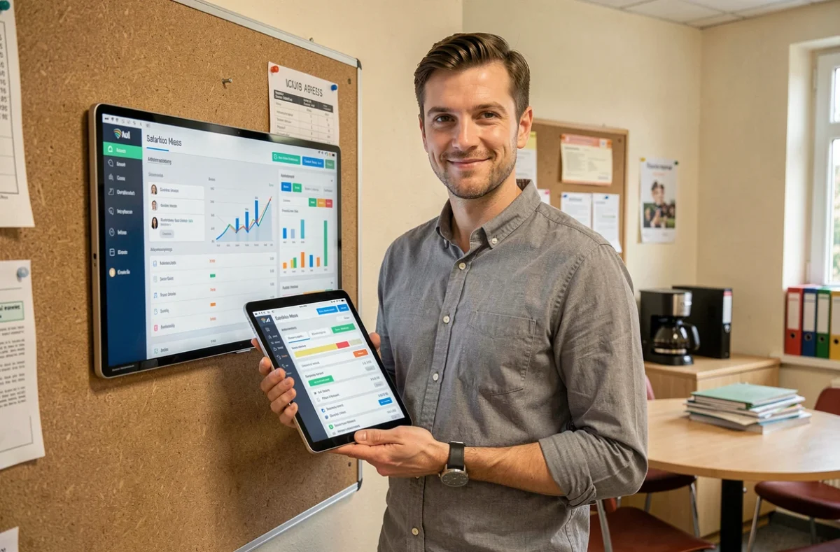 Professeur consultant un tableau de bord administratif sur tablette dans la salle des professeurs d'une école