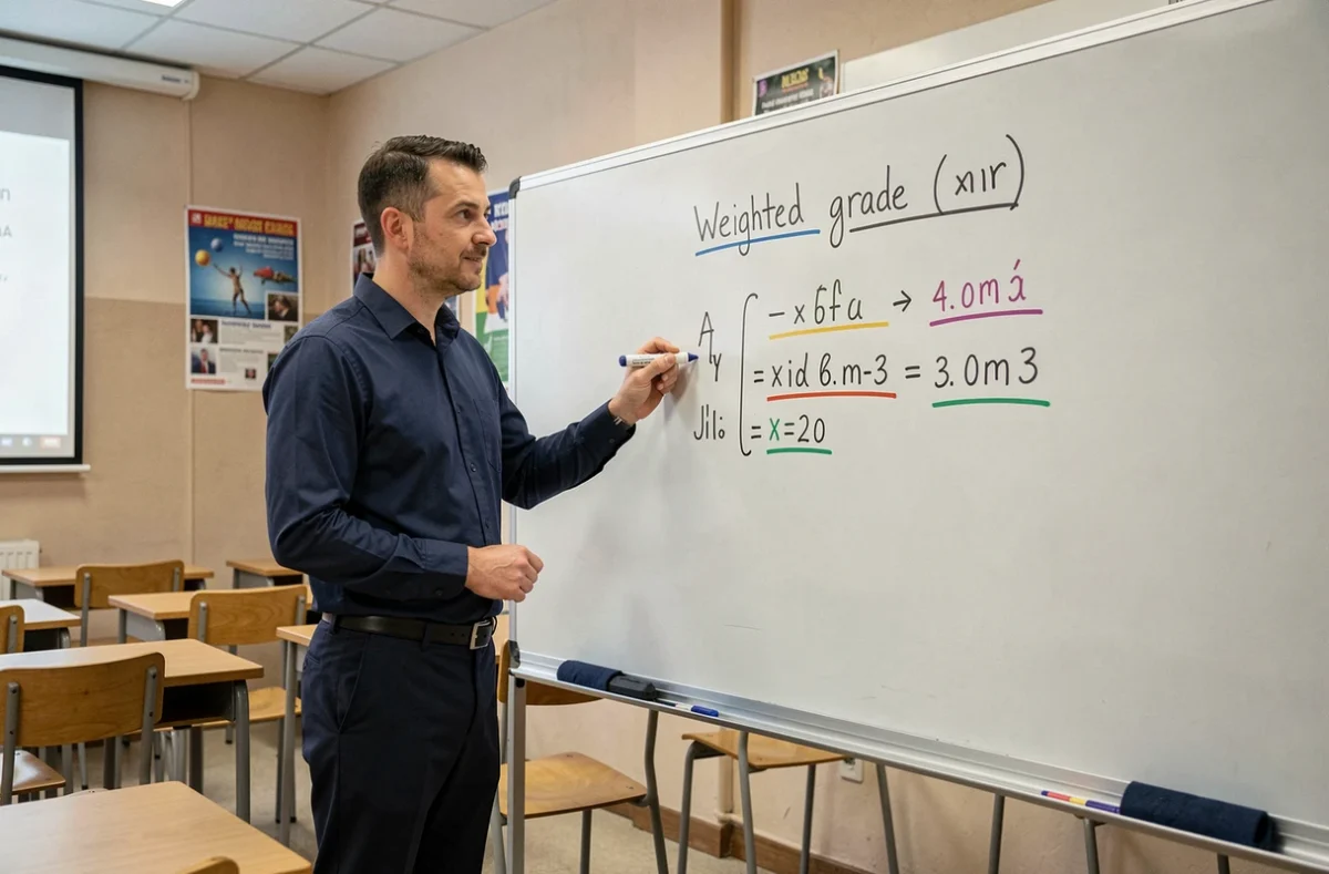 Professeur expliquant au tableau blanc le calcul d'une moyenne pondérée avec coefficients