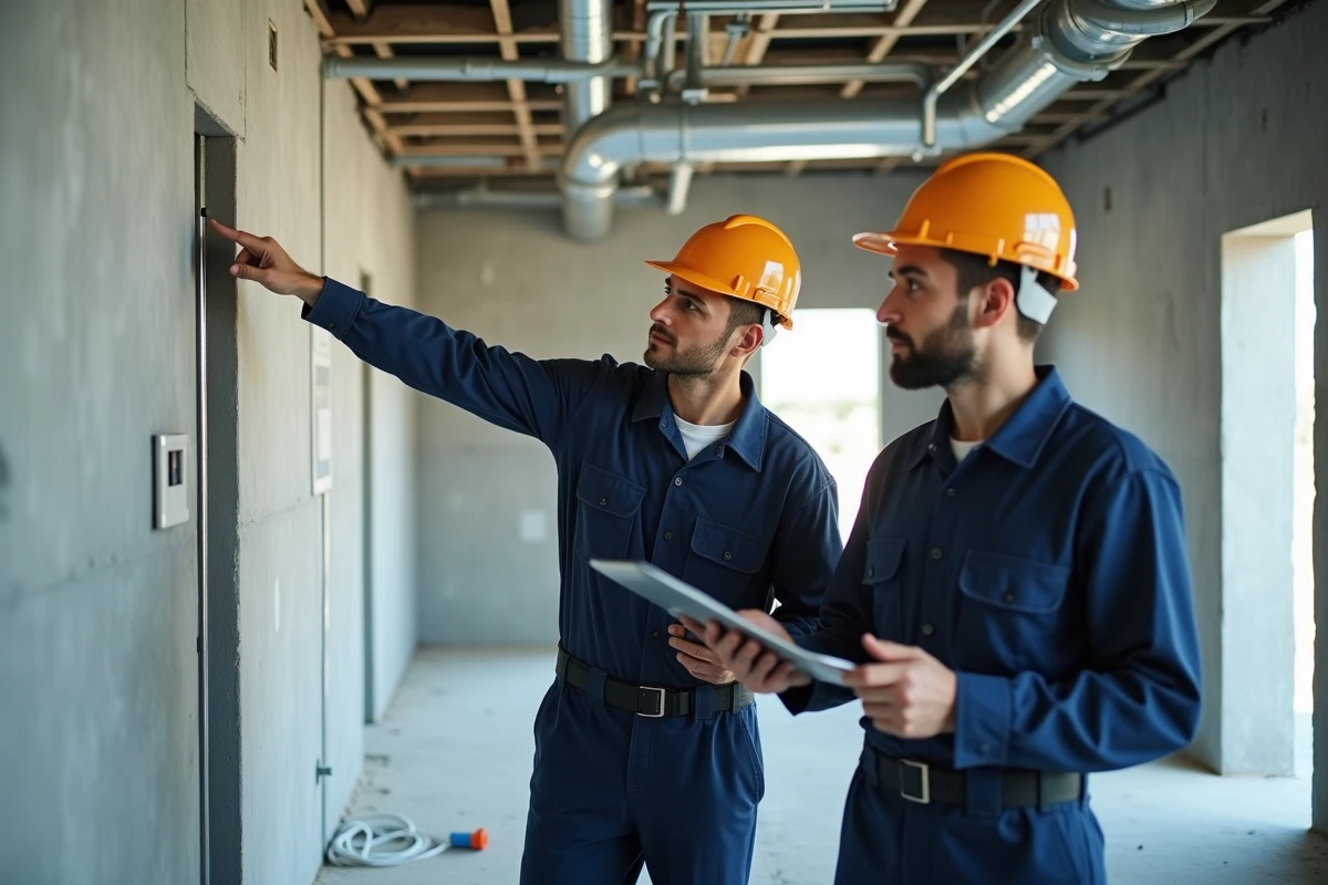 Deux professionnels BTP en formation pratique inspectant une installation dans un bâtiment en construction, débouchés métiers du bâtiment