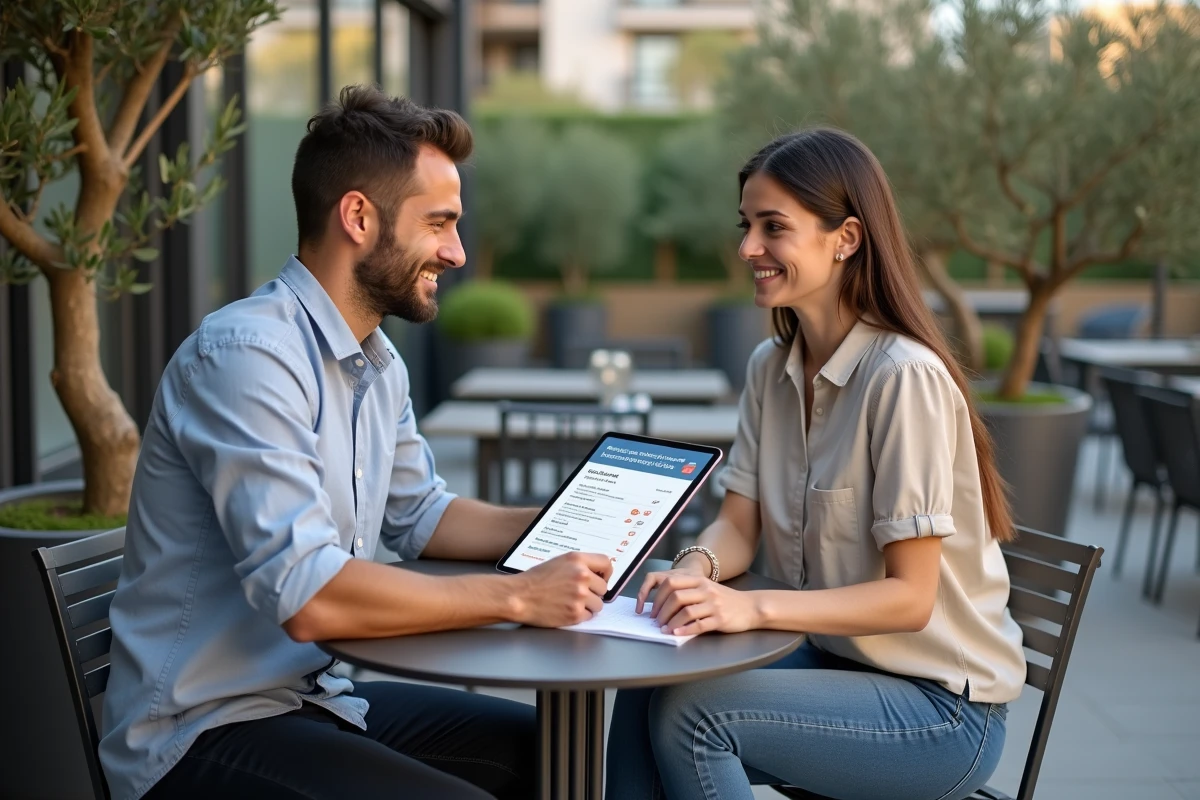 Deux professionnels discutant de la rentabilité des tarifs d'une formation travaux autour d'une brochure et d'une tablette en terrasse