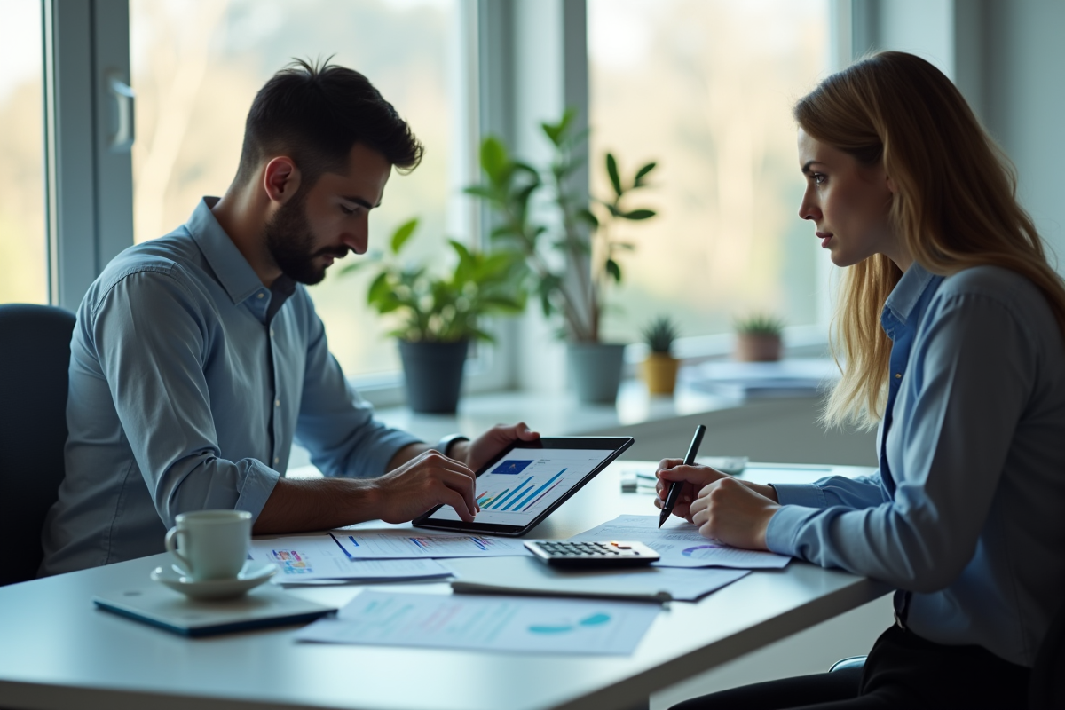 Deux professionnels en finance collaborent au bureau