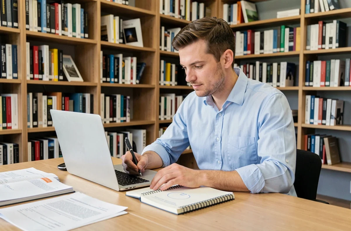 Homme recherchant des options de financement pour une formation en décoration sur son ordinateur portable en bibliothèque