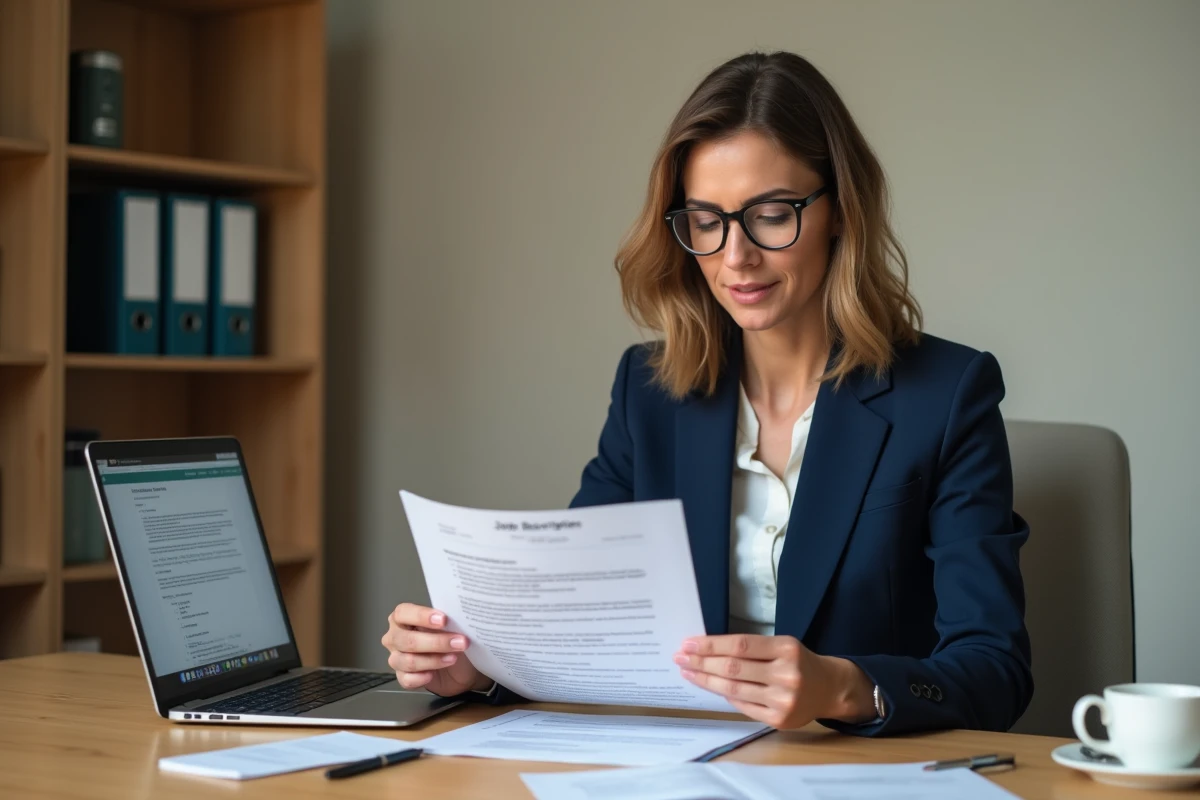 Recruteuse analysant une fiche métier Pôle Emploi imprimée à son bureau de travail