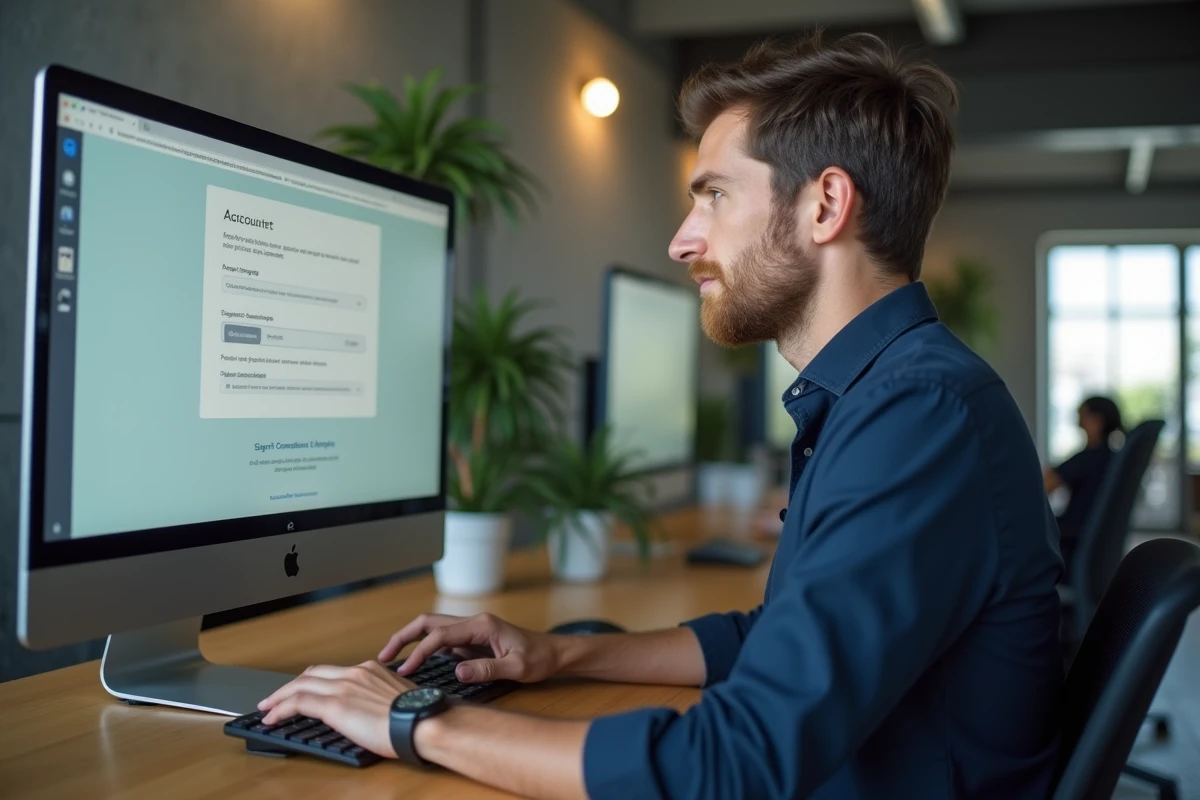 Homme consultant un formulaire de récupération de compte ENT CESI sur un ordinateur dans un espace de coworking moderne