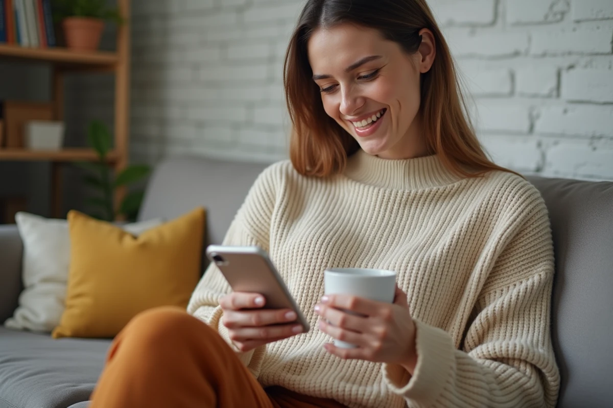 Jeune femme soulagée après avoir réinitialisé son mot de passe ENT CESI depuis son smartphone à la maison