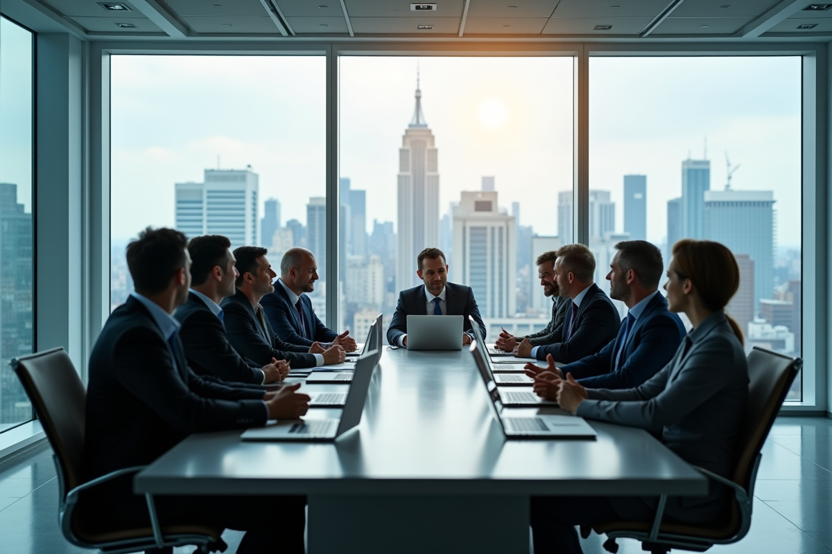 Groupe de dirigeants dans un bureau moderne avec skyline