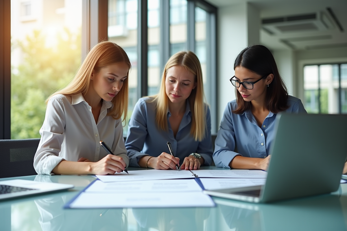 Jeunes adultes et superviseur signant un contrat de stage dans un bureau lumineux