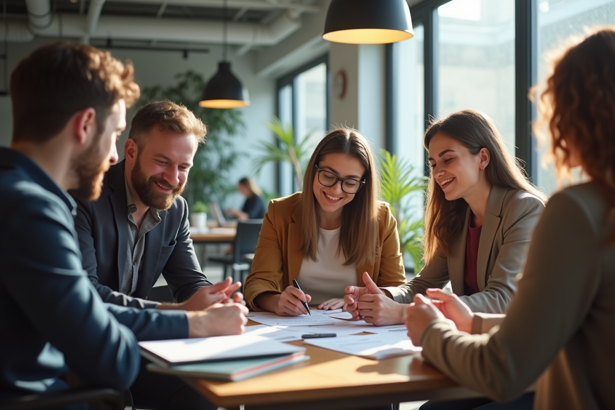 Groupe de tuteurs discutant autour d une table en coworking