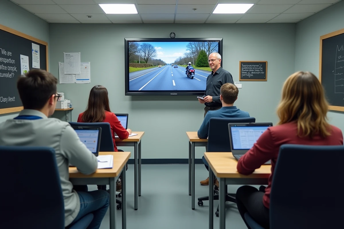 Salle de cours d'auto-école avec des élèves passant un simulateur de code de la route pour moto ETM 2026