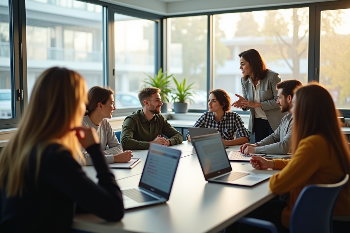Salle de classe moderne avec élèves en discussion active
