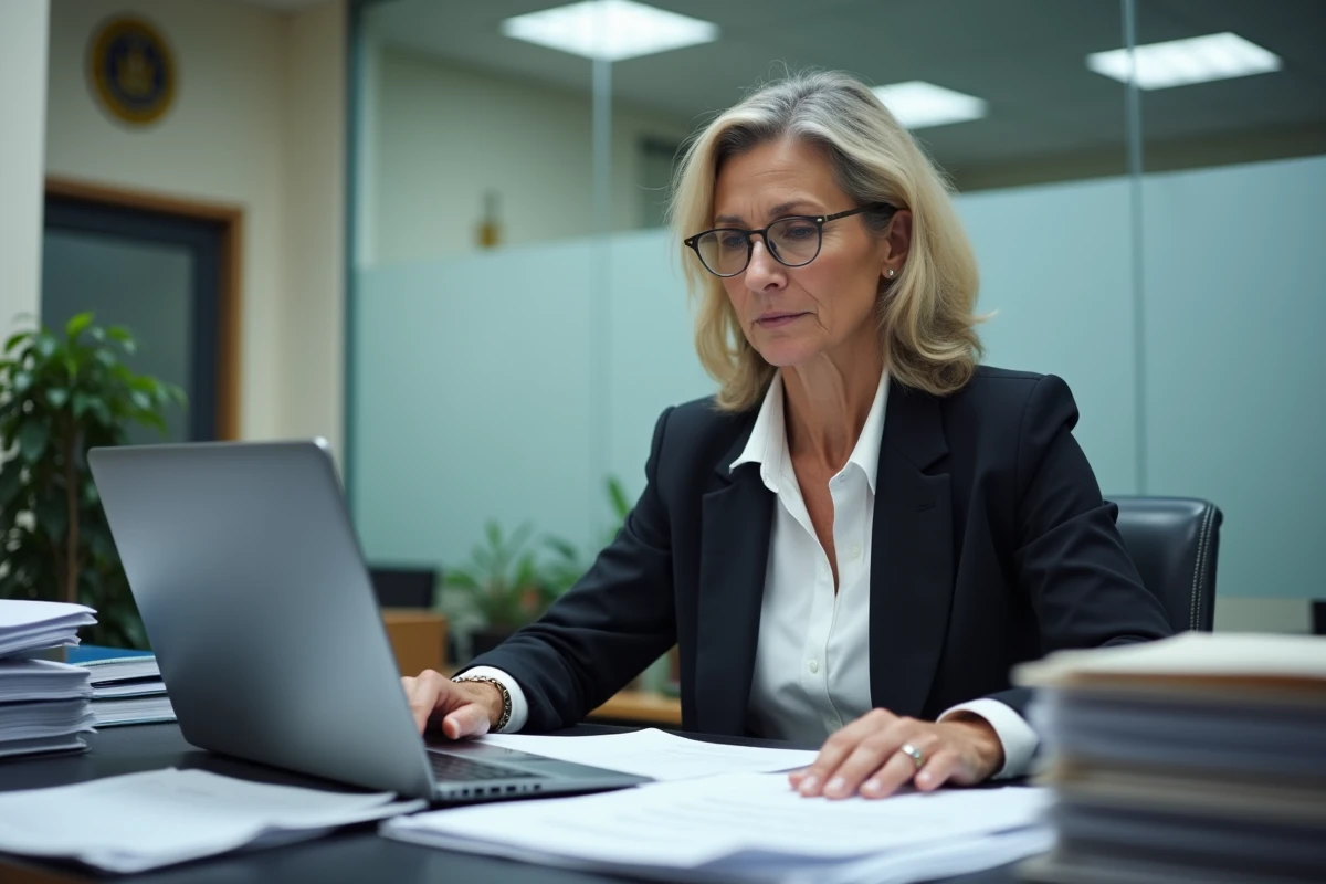 Secrétaire de lycée consultant un portail académique sur ordinateur portable au secrétariat