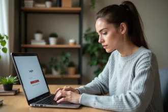 Femme sécurisant son compte en ligne sur un ordinateur portable dans un bureau à domicile