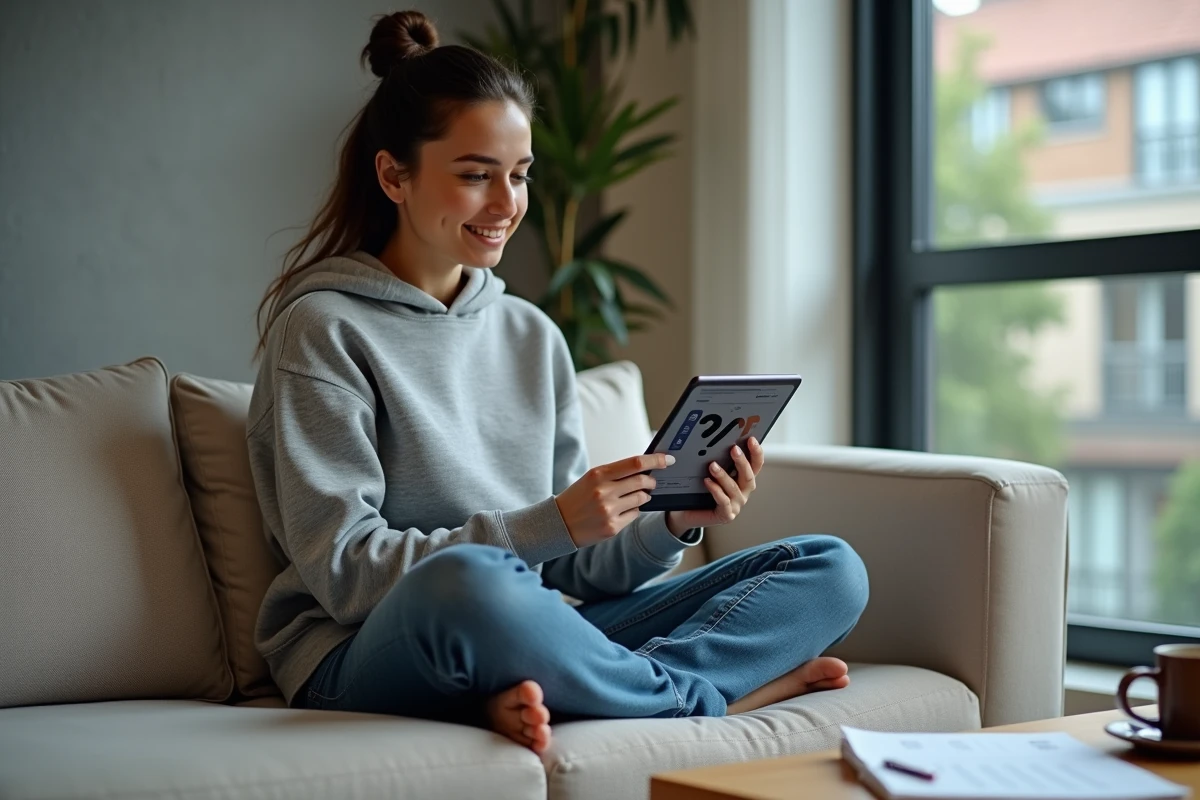 Femme préparant l'épreuve ETM moto sur tablette depuis son salon avec un simulateur de code en ligne