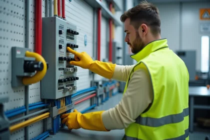 Stagiaire en sécurité électrique manipulant un panneau de travaux pratiques basse tension dans un laboratoire de formation professionnelle