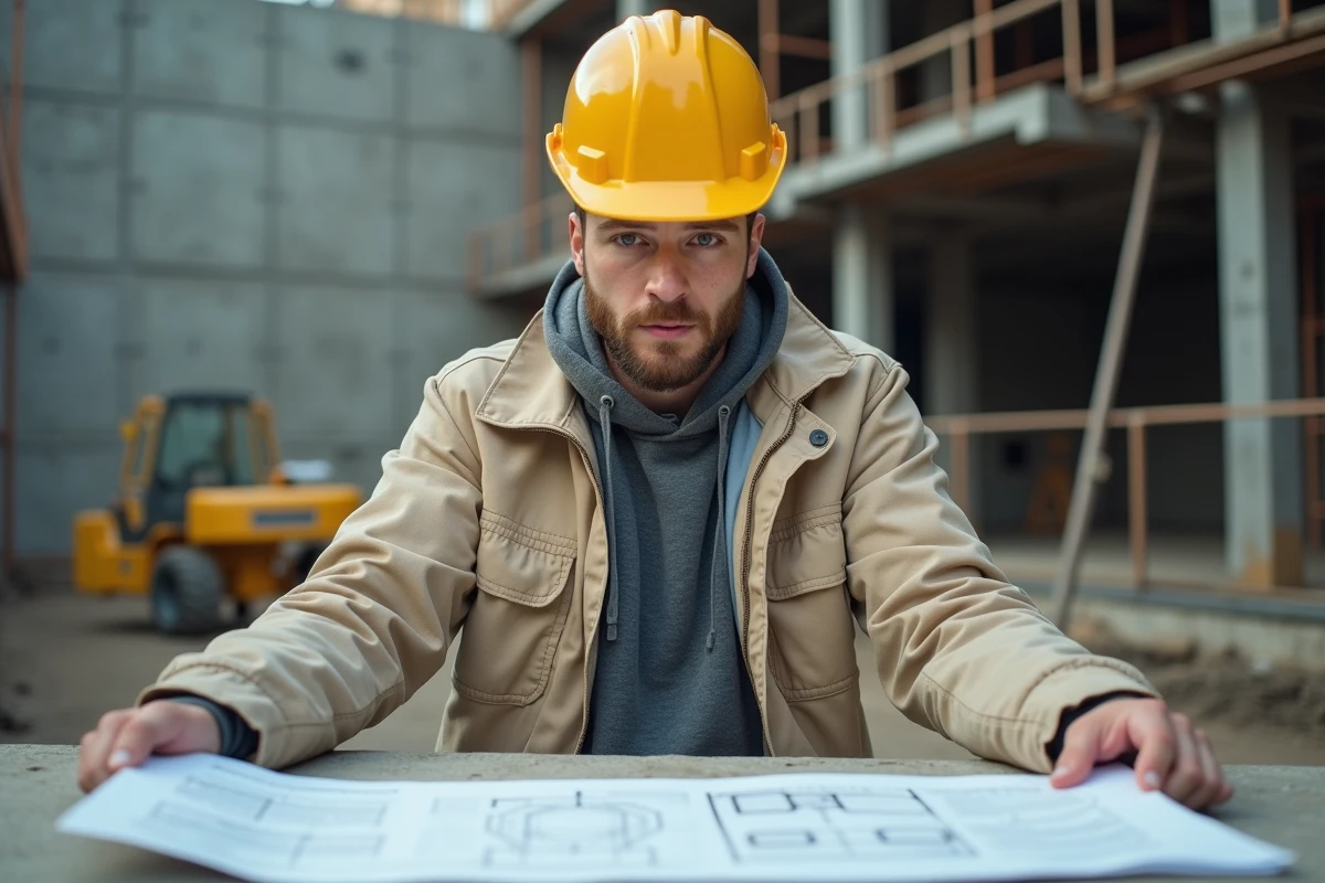 Technicien BTP sur chantier de construction consultant des plans, formation professionnelle dans le secteur du bâtiment