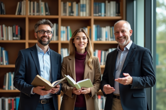 Trois adultes dans une bibliothèque universitaire en discussion