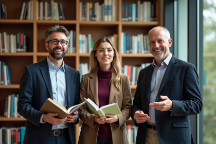 Trois adultes dans une bibliothèque universitaire en discussion