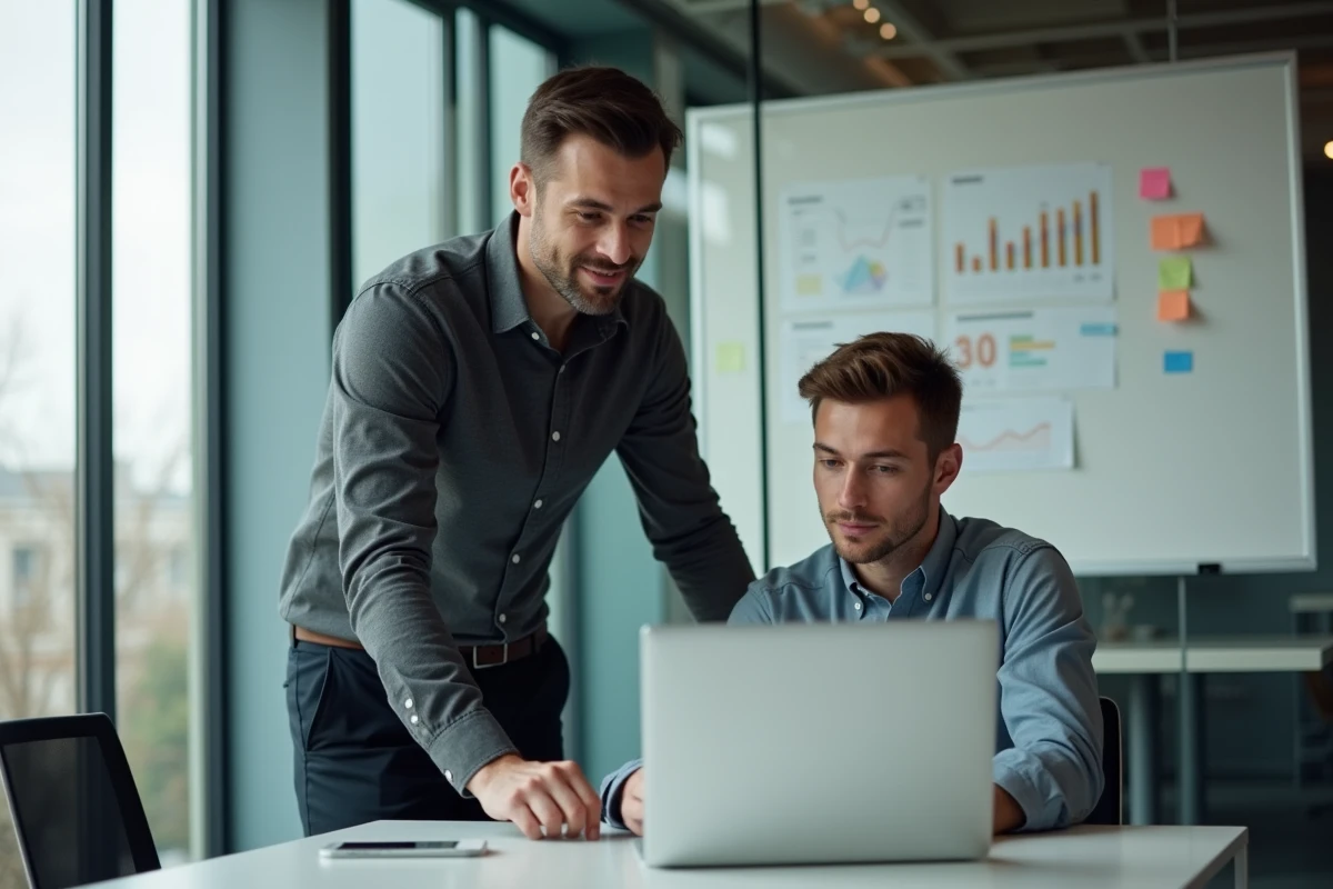 Tuteur entreprise et &eacute;tudiant en alternance en s&eacute;ance de mentorat marketing dans une salle de r&eacute;union &agrave; Paris