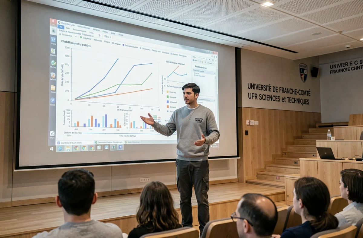 Étudiant présentant des résultats de recherche en sciences informatiques dans un amphithéâtre de l'Université de Franche-Comté UFR Sciences et Techniques