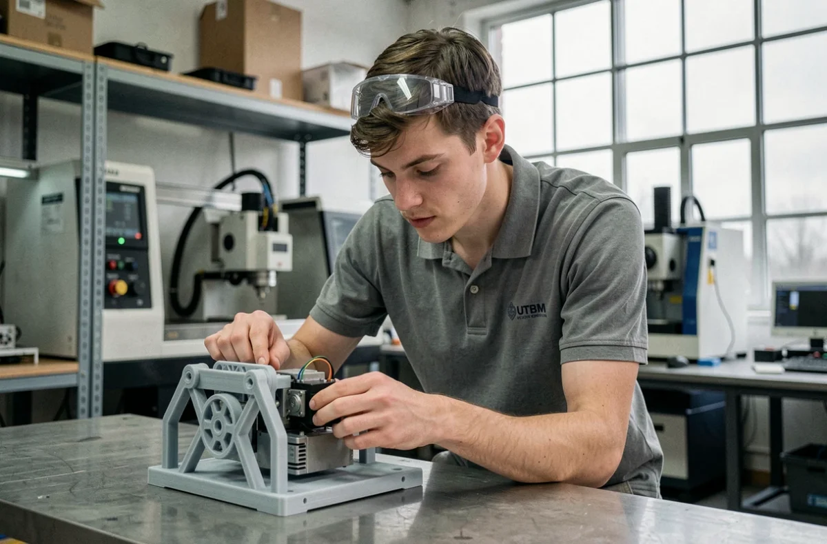 Étudiant manipulant un prototype robotique dans les ateliers technologiques de l'UTBM Belfort-Montbéliard