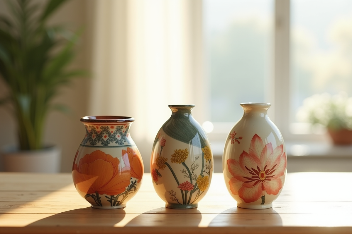 Trois vases en céramique aux motifs variés sur une table en bois