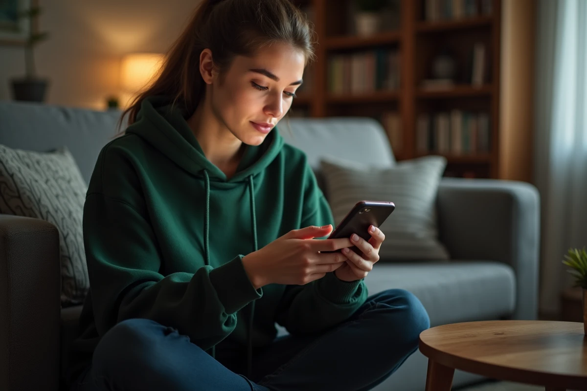Jeune femme vérifiant les paramètres de sécurité de son compte académique sur smartphone